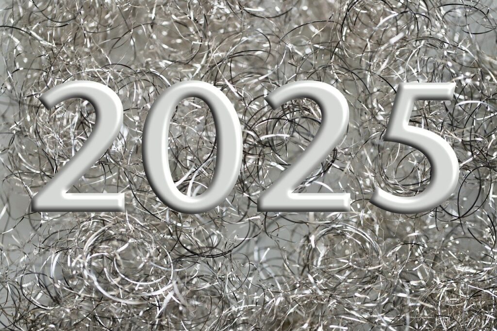 embossed numbers 2025 on a metallic silver background